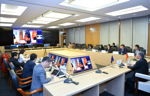 Toàn cảnh cuộc họp trực tuyến giữa Đoàn ĐBQH Việt Nam với DASE tại điểm cầu Nhà Quốc hội - ảnh: T.Chi 